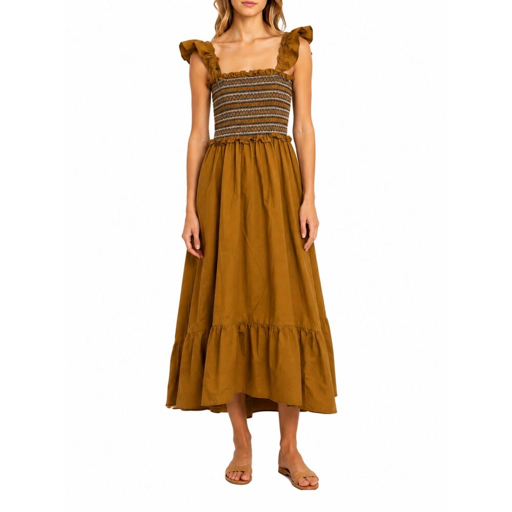 En Saison Midi Dress Sz XS Smocked Tiered Ruffle Brown Cottagecore Boho Festival